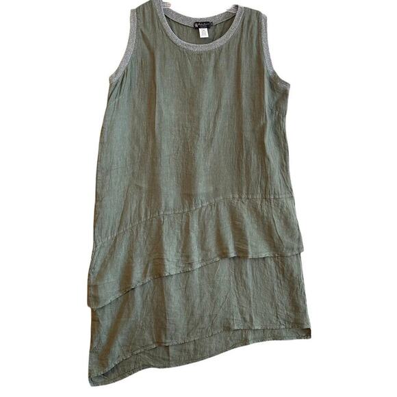 Bella Amore Linen Dress Sz 3X Lagenlook Midi Tiered Ruffle Green Boho Italy Made - Picture 1 of 16